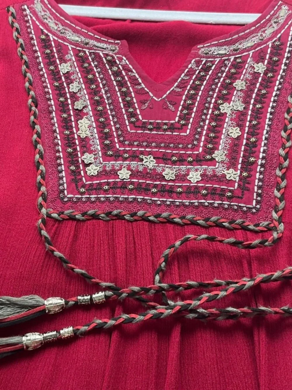 Easel Med Dark Red Boho Tunic Dress Embroidered Flowy Bell Sleeves - Picture 5 of 15